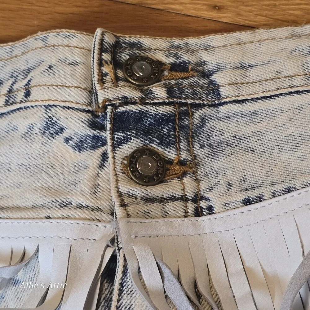 80s 90s Denim Jean Skirt Blue Acid Wash Mom High Waist Fringe Western 9/10 NOS - Picture 9 of 16